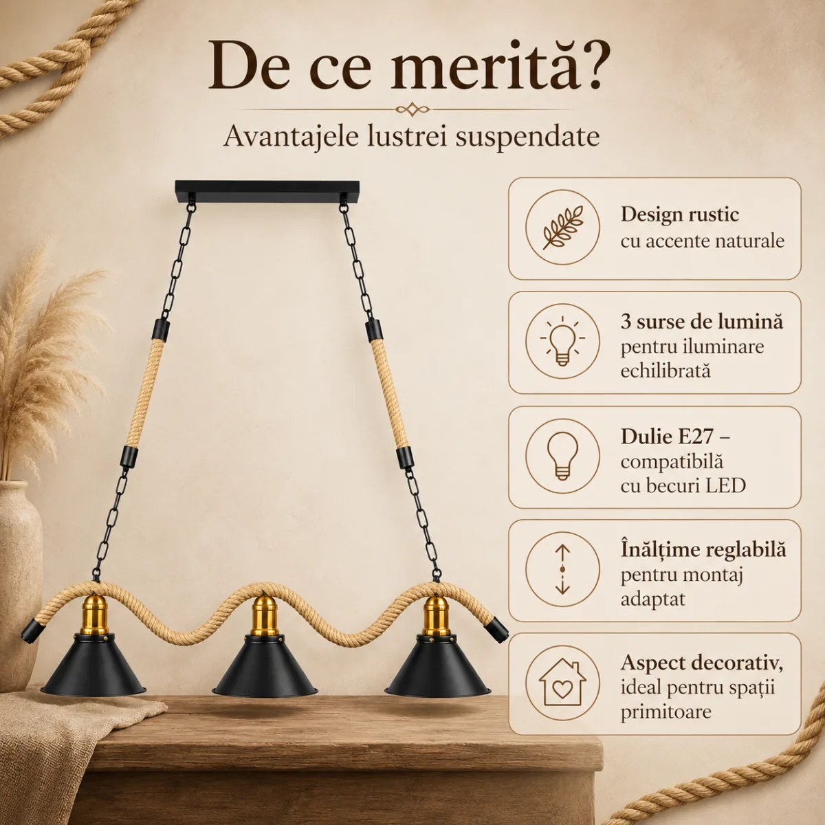 Lustră Suspendată Rustic Modernă cu Sfoară Ondulată 78 cm – Metal Negru cu Accente Aurii, 3 Becuri E27 - imagine 4
