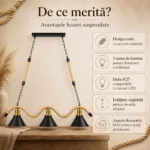 Lustră Suspendată Rustic Modernă cu Sfoară Ondulată 78 cm – Metal Negru cu Accente Aurii, 3 Becuri E27 - imagine 4