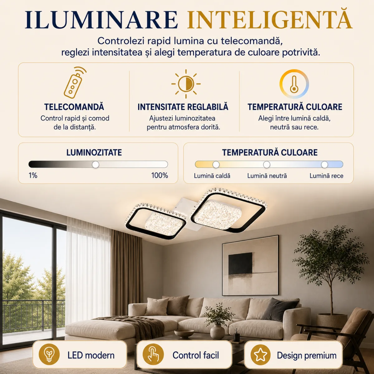 Lustră LED Modernă cu Rame Pătrate Cristal 52,5 cm – Metal Alb-Negru și Cristal Acrilic, 2 Surse LED Integrate, Design Elegant pentru Hol, Dormitor și Living - imagine 3