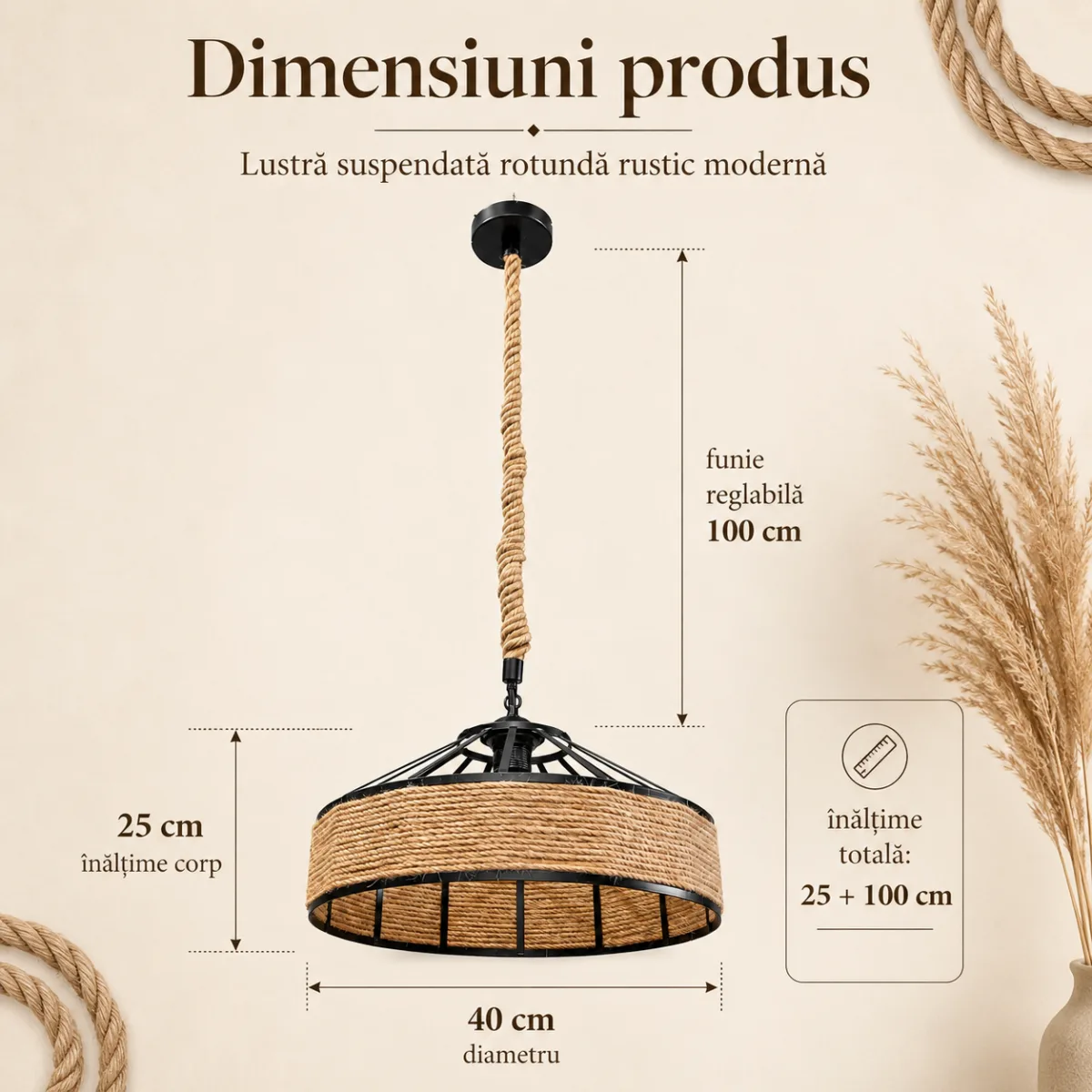 Lustră Suspendată Rotundă Rustic Modernă 40 cm – Metal Negru cu Sfoară Naturală, 1 Bec E27 - imagine 4