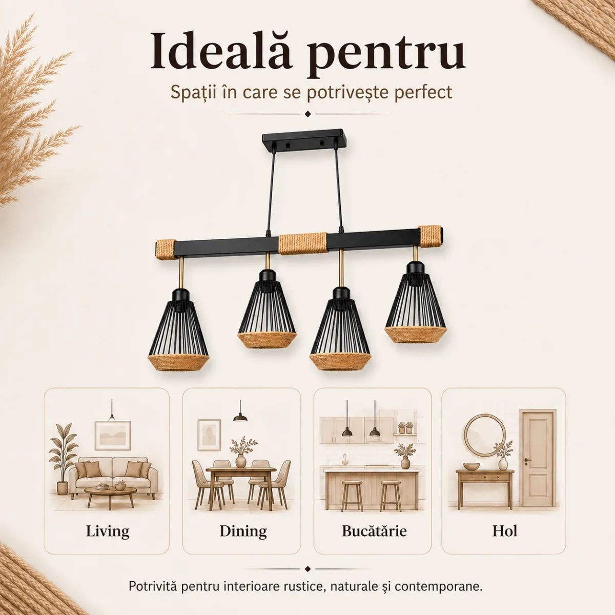 Lustră Suspendată Liniară Rustic-Industrială 73 cm – Metal Negru cu Accente din Sfoară Naturală, 4 Becuri E27 - imagine 4