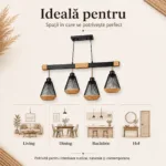 Lustră Suspendată Liniară Rustic-Industrială 73 cm – Metal Negru cu Accente din Sfoară Naturală, 4 Becuri E27 - imagine 4