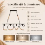 Lustră Suspendată Decorativă LOVE Rustic Modernă 100 cm – Metal Negru cu Detalii din Sfoară Naturală, 4 Becuri E27 - imagine 4