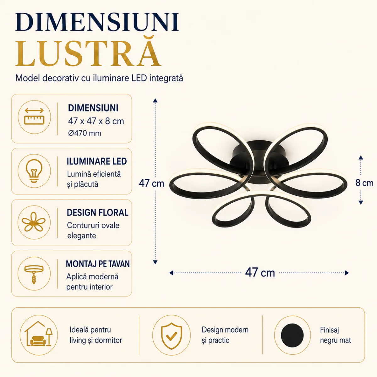 Lustră LED Modernă Infinity Oval 47 cm – Metal Negru și Acril Alb, 6 Surse LED Integrate, Design Elegant pentru Living, Dormitor și Hol - imagine 5