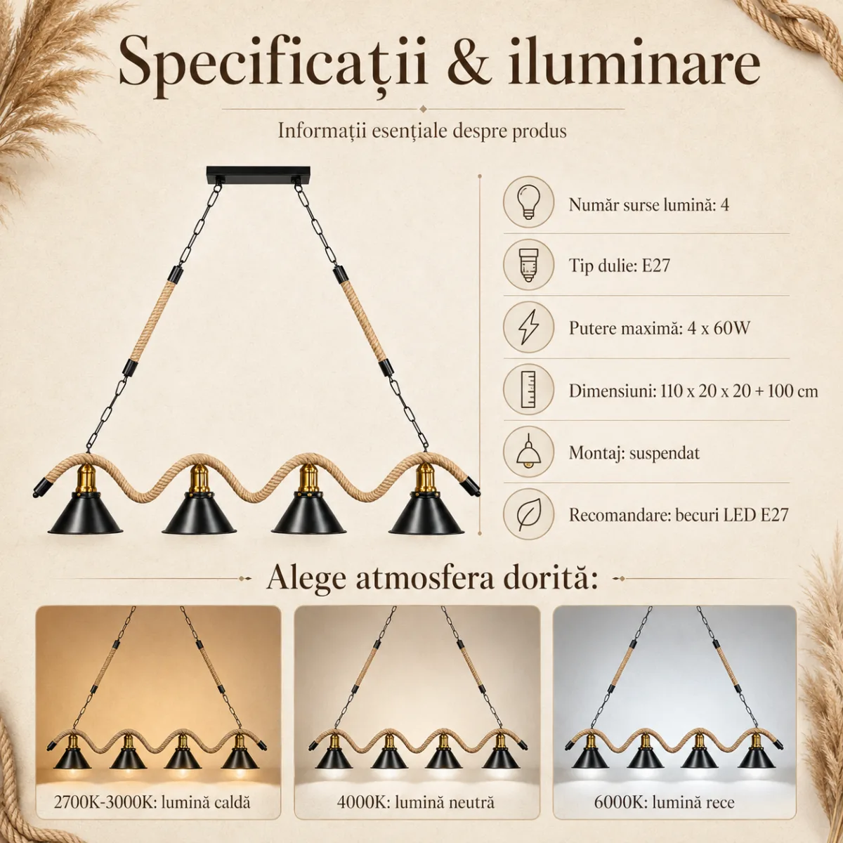 Lustră Suspendată Rustic Modernă cu Sfoară Ondulată 110 cm – Metal Negru cu Accente Aurii, 4 Becuri E27 - imagine 6