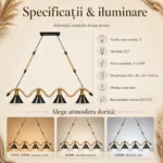 Lustră Suspendată Rustic Modernă cu Sfoară Ondulată 110 cm – Metal Negru cu Accente Aurii, 4 Becuri E27 - imagine 6