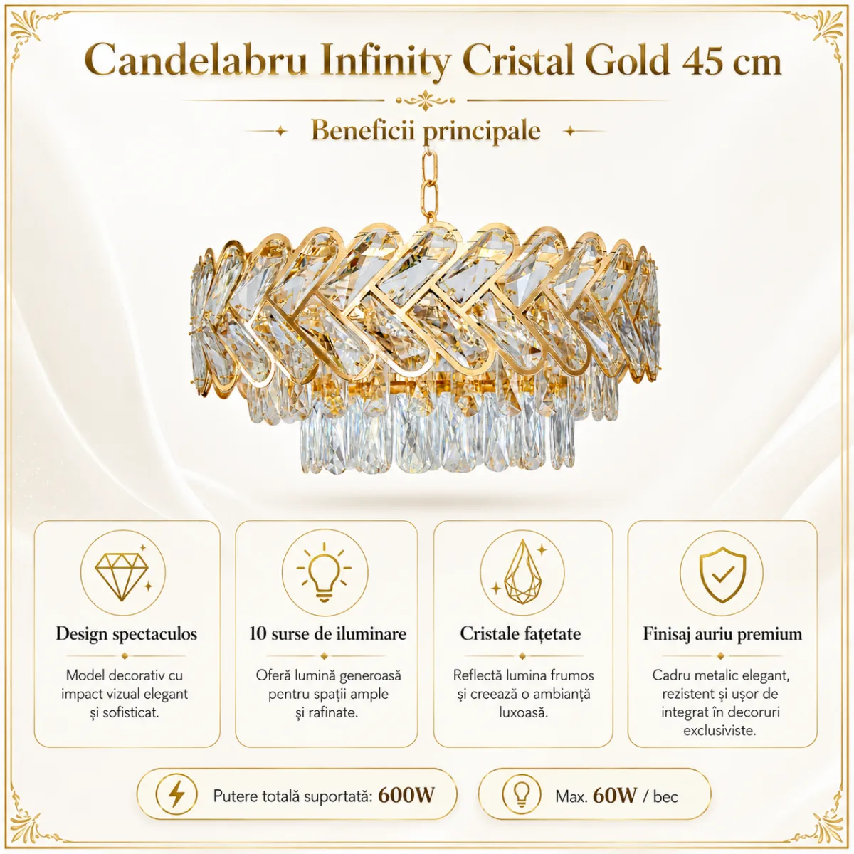 Candelabru Infinity Cristal Gold 45 cm – Cristal K9 Premium și Metal Auriu, 10 Becuri E27, Design Luxos pentru Living și Dormitor - imagine 4