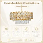 Candelabru Infinity Cristal Gold 45 cm – Cristal K9 Premium și Metal Auriu, 10 Becuri E27, Design Luxos pentru Living și Dormitor - imagine 4