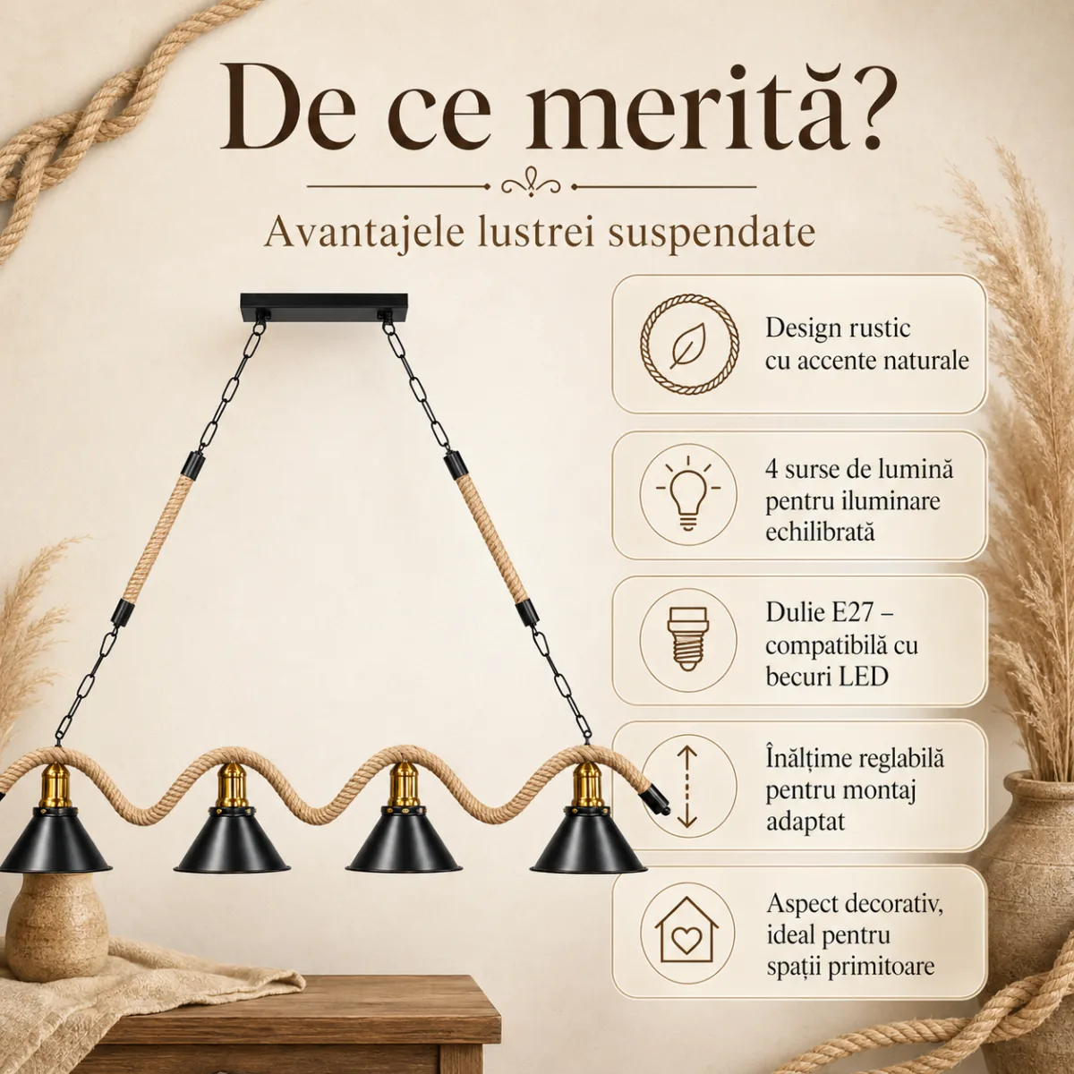 Lustră Suspendată Rustic Modernă cu Sfoară Ondulată 110 cm – Metal Negru cu Accente Aurii, 4 Becuri E27 - imagine 3