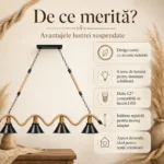 Lustră Suspendată Rustic Modernă cu Sfoară Ondulată 110 cm – Metal Negru cu Accente Aurii, 4 Becuri E27 - imagine 3