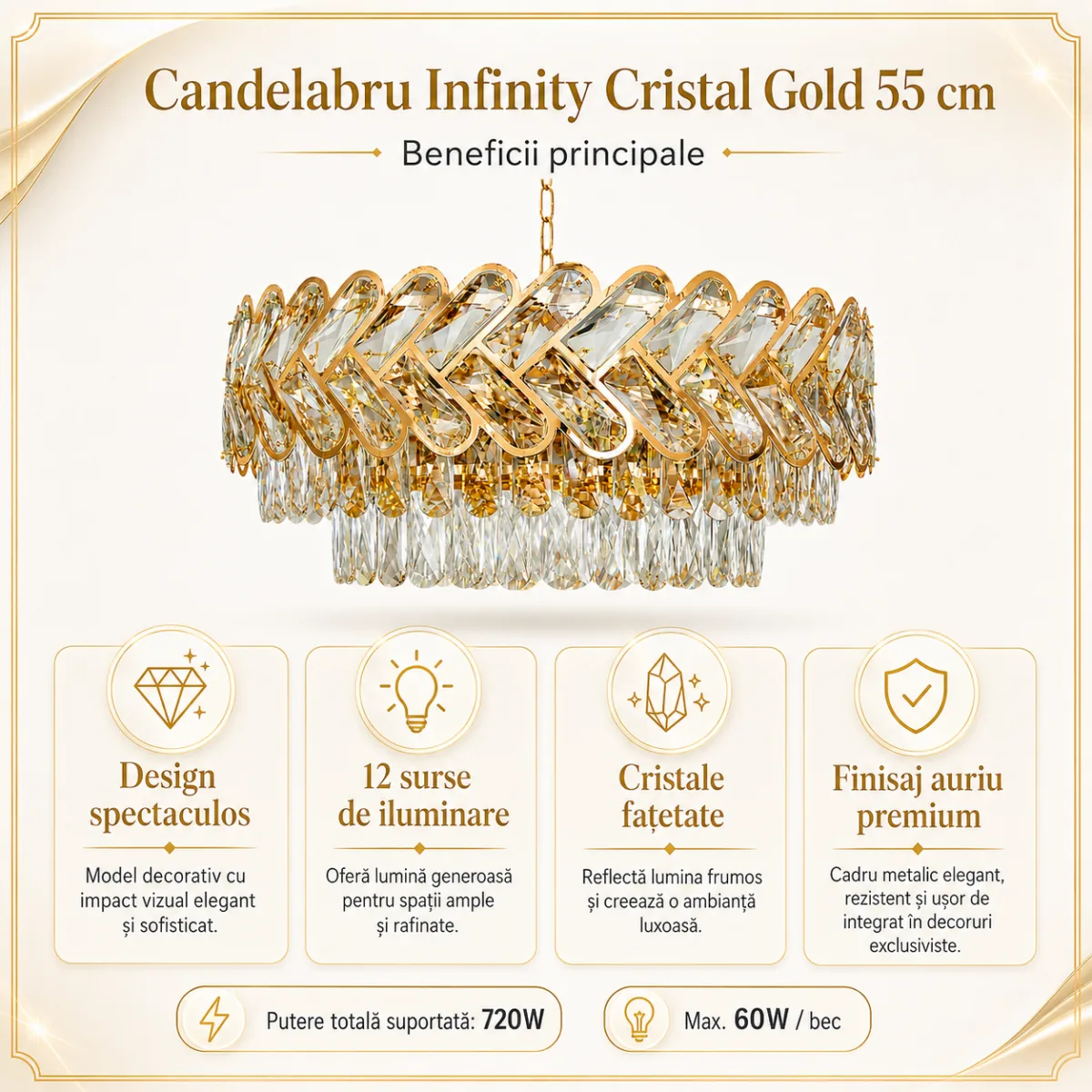 Candelabru Infinity Cristal Gold 55 cm – Cristal K9 Premium și Metal Auriu, 12 Becuri E27, Design Luxos pentru Living și Dining - imagine 5