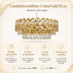 Candelabru Infinity Cristal Gold 55 cm – Cristal K9 Premium și Metal Auriu, 12 Becuri E27, Design Luxos pentru Living și Dining - imagine 5