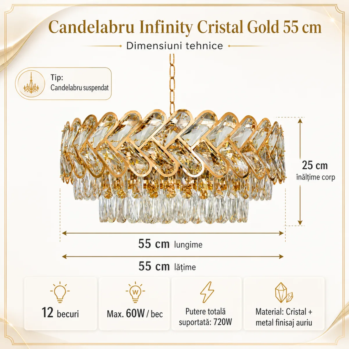 Candelabru Infinity Cristal Gold 55 cm – Cristal K9 Premium și Metal Auriu, 12 Becuri E27, Design Luxos pentru Living și Dining - imagine 7