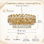 Candelabru Infinity Cristal Gold 55 cm – Cristal K9 Premium și Metal Auriu, 12 Becuri E27, Design Luxos pentru Living și Dining - imagine 7