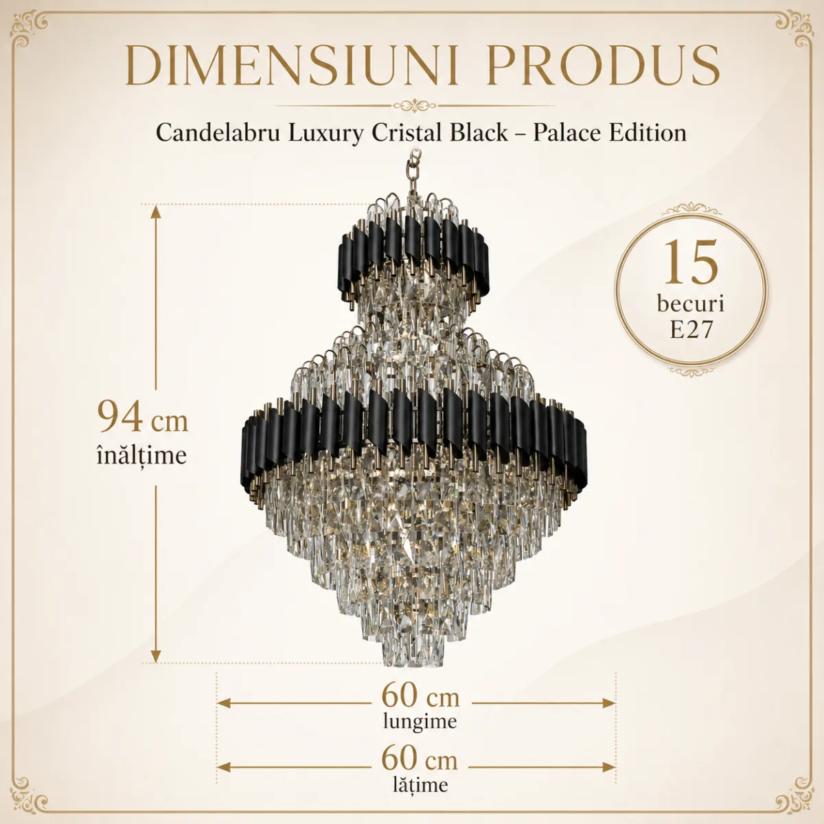 Candelabru Luxury Cristal Black – Palace Edition 60×94 cm – Capodoperă Monumentală pe Mai Multe Niveluri, 15 Becuri, Cristal K9 Premium și Metal Negru, Ideal pentru Scări Interioare și Tavane Înalte - imagine 6