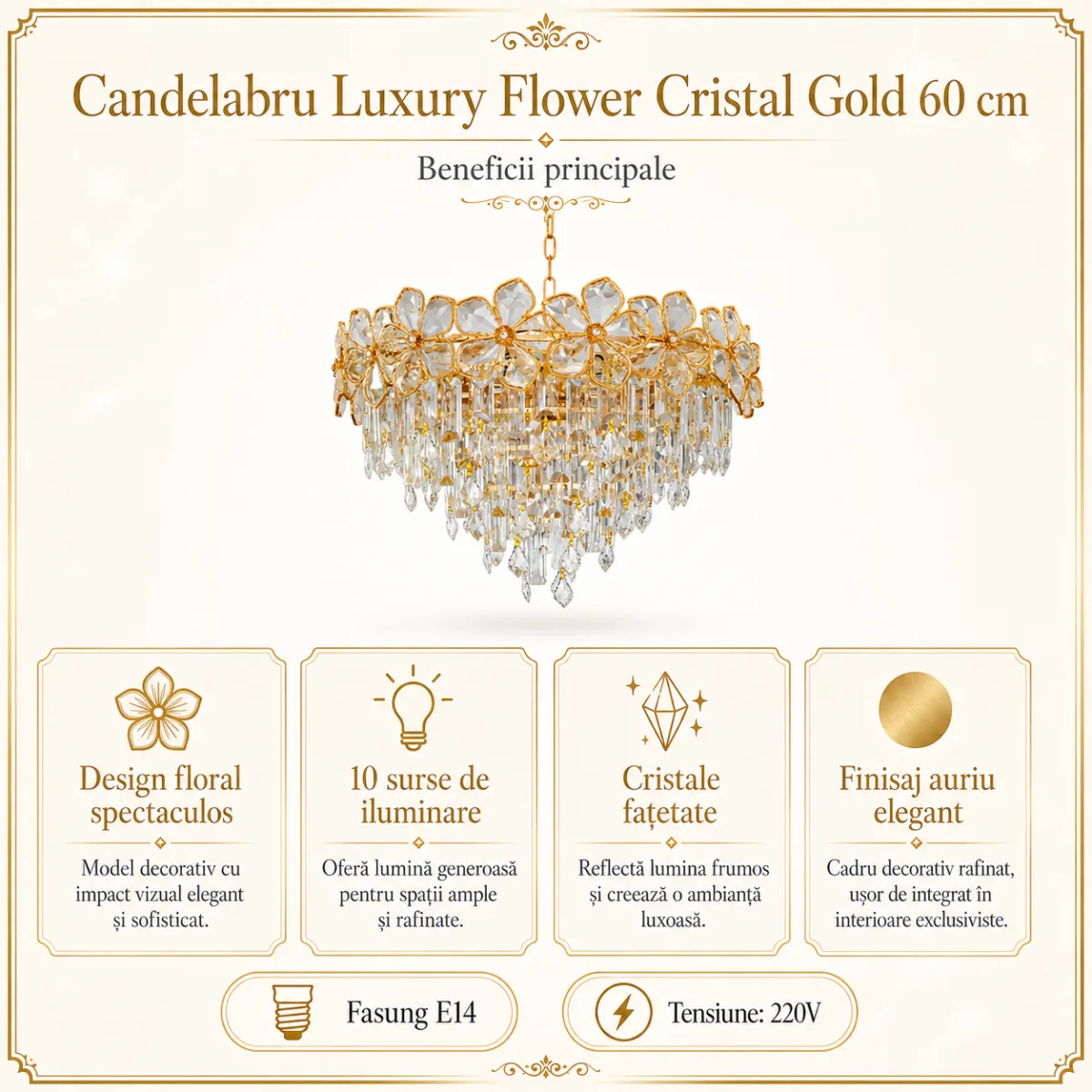 Candelabru Luxury Flower Cristal Gold 60 cm – Cristal K9 Premium și Metal Auriu, 10 Becuri E14, Design Luxos pentru Living și Dining - imagine 4