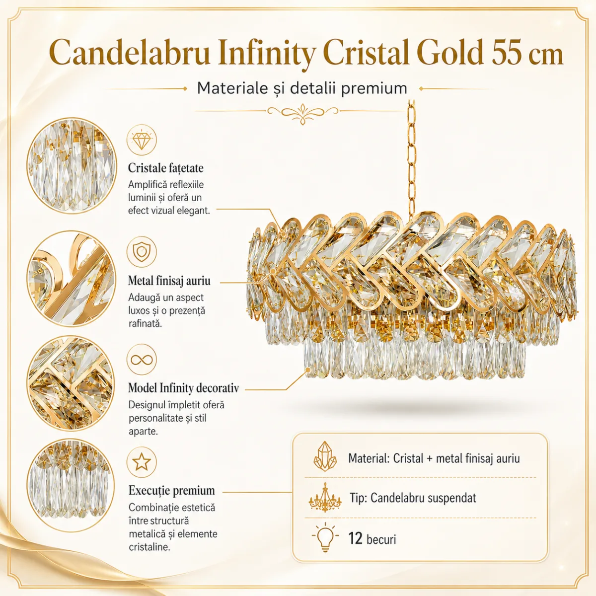 Candelabru Infinity Cristal Gold 55 cm – Cristal K9 Premium și Metal Auriu, 12 Becuri E27, Design Luxos pentru Living și Dining - imagine 6
