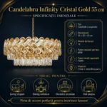 Candelabru Infinity Cristal Gold 55 cm – Cristal K9 Premium și Metal Auriu, 12 Becuri E27, Design Luxos pentru Living și Dining - imagine 8