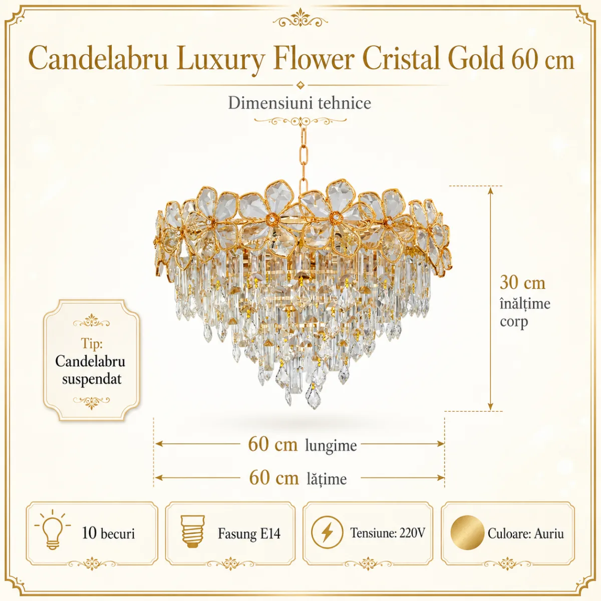 Candelabru Luxury Flower Cristal Gold 60 cm – Cristal K9 Premium și Metal Auriu, 10 Becuri E14, Design Luxos pentru Living și Dining - imagine 6