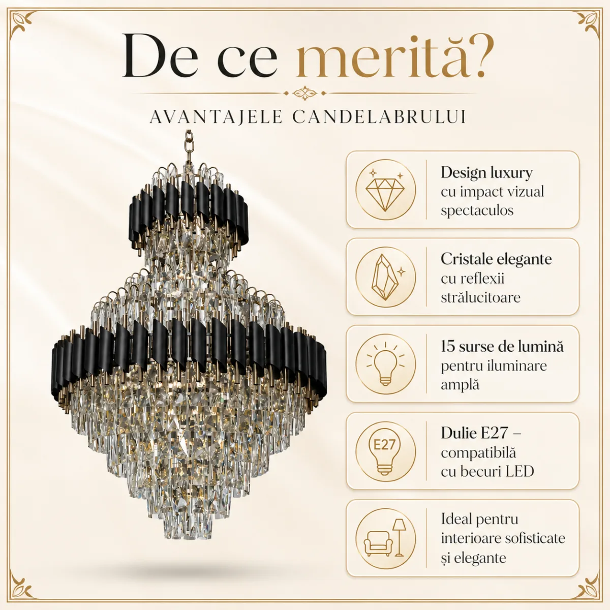 Candelabru Luxury Cristal Black – Palace Edition 60×94 cm – Capodoperă Monumentală pe Mai Multe Niveluri, 15 Becuri, Cristal K9 Premium și Metal Negru, Ideal pentru Scări Interioare și Tavane Înalte - imagine 4