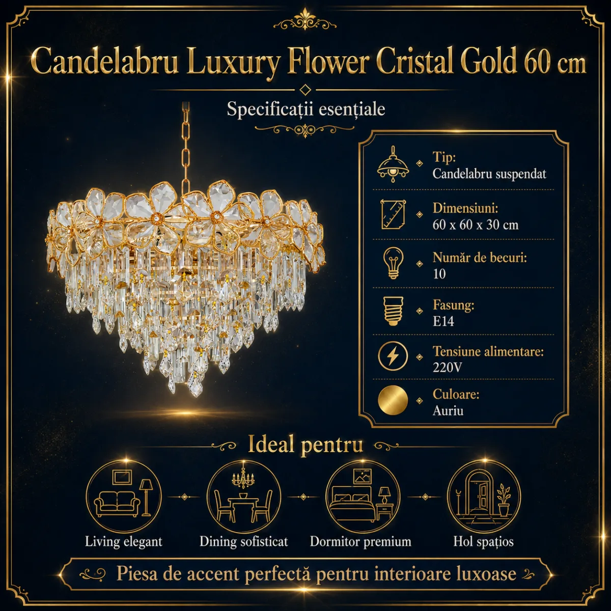 Candelabru Luxury Flower Cristal Gold 60 cm – Cristal K9 Premium și Metal Auriu, 10 Becuri E14, Design Luxos pentru Living și Dining - imagine 7