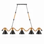 Lustră Suspendată Rustic Modernă cu Sfoară Ondulată 132 cm – Metal Negru cu Accente Aurii, 5 Becuri E27