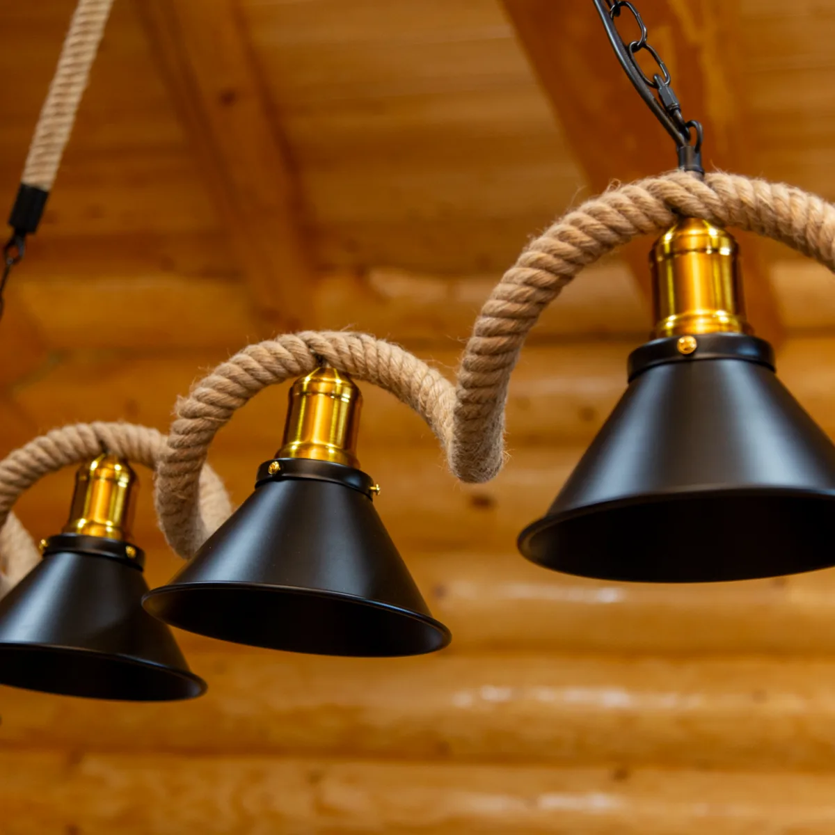 Lustră Suspendată Rustic Modernă cu Sfoară Ondulată 110 cm – Metal Negru cu Accente Aurii, 4 Becuri E27 - imagine 12