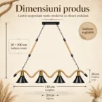 Lustră Suspendată Rustic Modernă cu Sfoară Ondulată 110 cm – Metal Negru cu Accente Aurii, 4 Becuri E27 - imagine 4