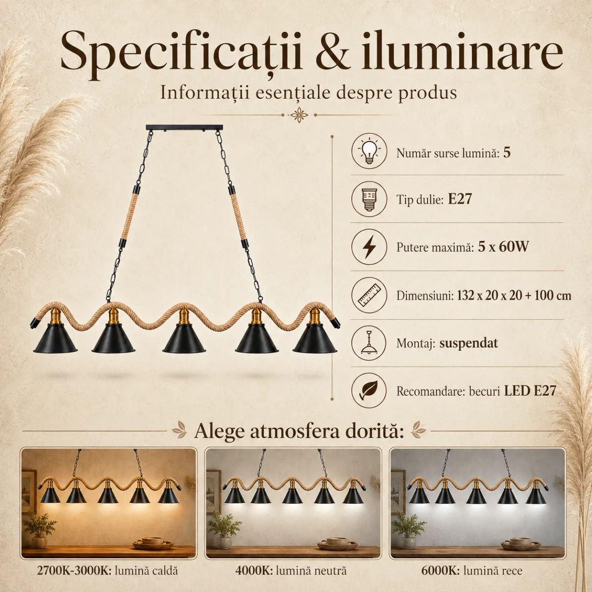 Lustră Suspendată Rustic Modernă cu Sfoară Ondulată 132 cm – Metal Negru cu Accente Aurii, 5 Becuri E27 - imagine 5