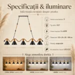 Lustră Suspendată Rustic Modernă cu Sfoară Ondulată 132 cm – Metal Negru cu Accente Aurii, 5 Becuri E27 - imagine 5