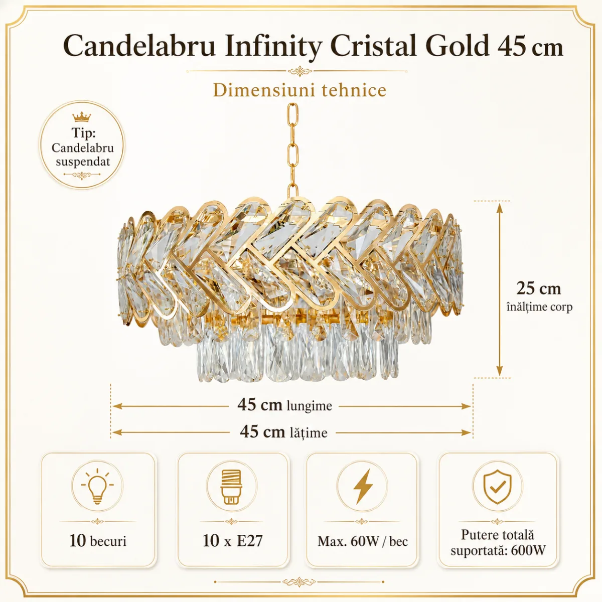 Candelabru Infinity Cristal Gold 45 cm – Cristal K9 Premium și Metal Auriu, 10 Becuri E27, Design Luxos pentru Living și Dormitor - imagine 5