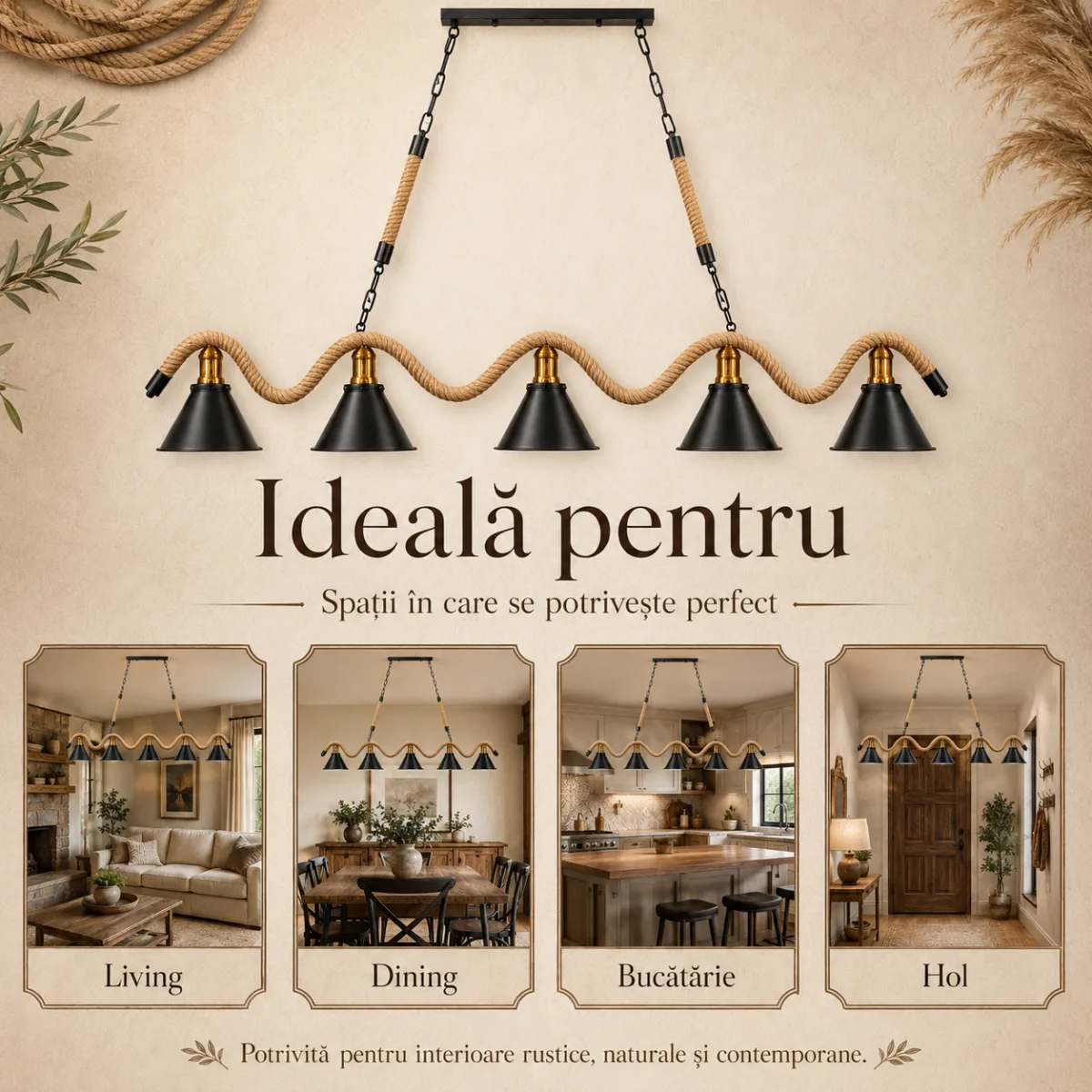 Lustră Suspendată Rustic Modernă cu Sfoară Ondulată 132 cm – Metal Negru cu Accente Aurii, 5 Becuri E27 - imagine 4