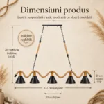 Lustră Suspendată Rustic Modernă cu Sfoară Ondulată 132 cm – Metal Negru cu Accente Aurii, 5 Becuri E27 - imagine 3