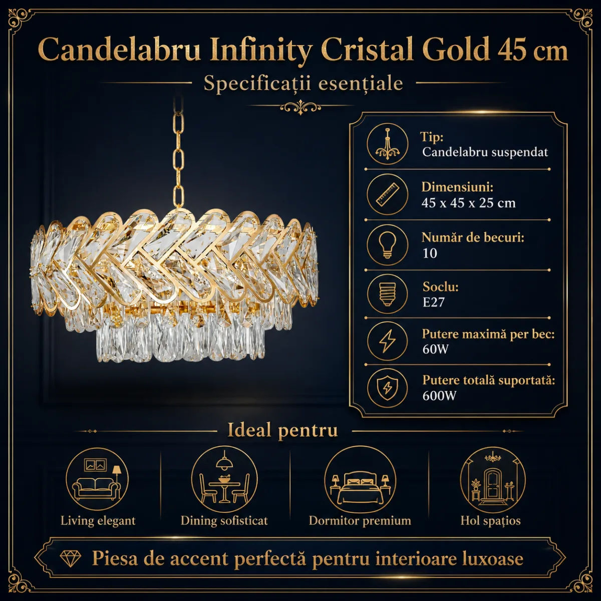 Candelabru Infinity Cristal Gold 45 cm – Cristal K9 Premium și Metal Auriu, 10 Becuri E27, Design Luxos pentru Living și Dormitor - imagine 7