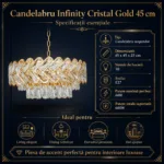 Candelabru Infinity Cristal Gold 45 cm – Cristal K9 Premium și Metal Auriu, 10 Becuri E27, Design Luxos pentru Living și Dormitor - imagine 7