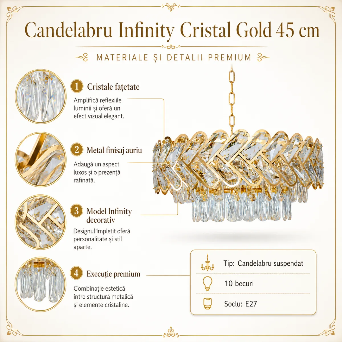 Candelabru Infinity Cristal Gold 45 cm – Cristal K9 Premium și Metal Auriu, 10 Becuri E27, Design Luxos pentru Living și Dormitor - imagine 6