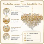 Candelabru Luxury Flower Cristal Gold 60 cm – Cristal K9 Premium și Metal Auriu, 10 Becuri E14, Design Luxos pentru Living și Dining - imagine 5