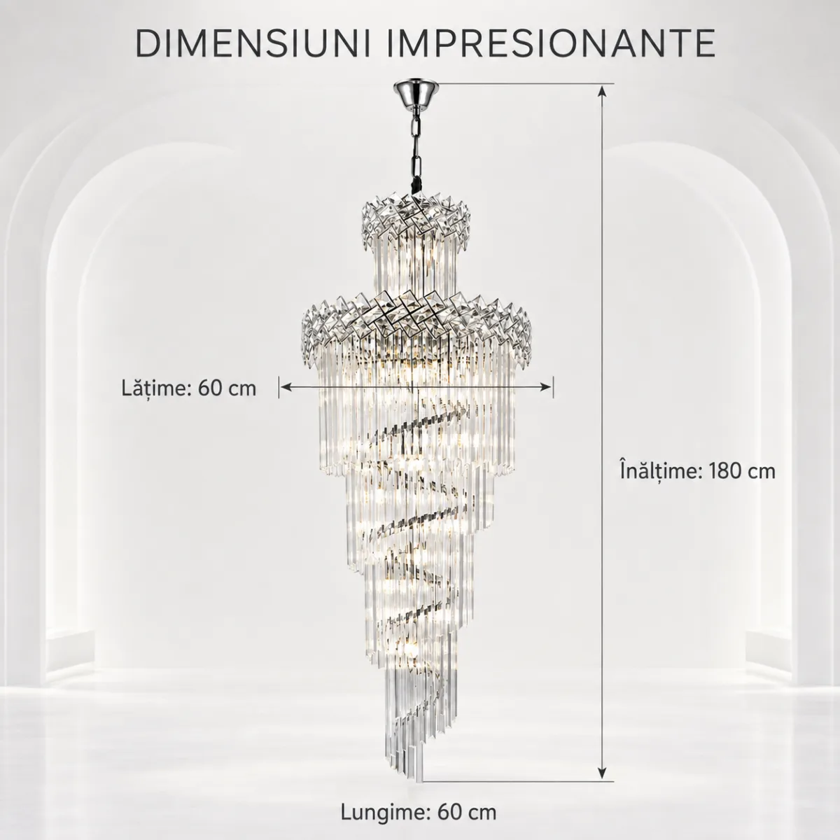 Candelabru Cristal Diamond Spiral 60×180 cm – 18 Becuri E27, Structură Cromată și Design în Cascadă - imagine 3