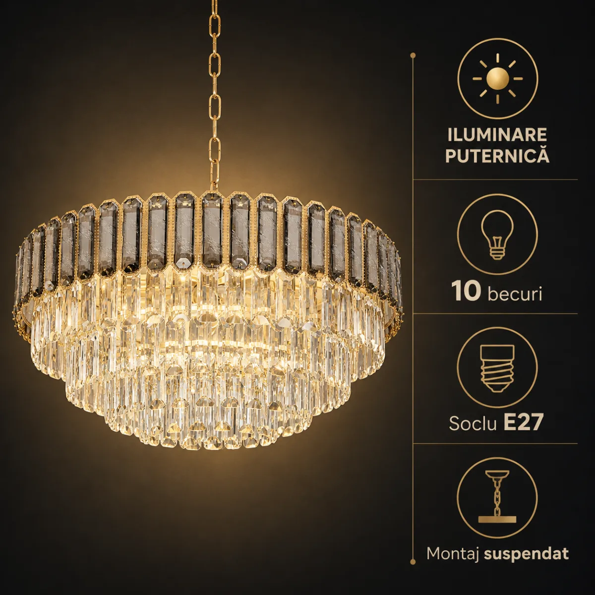Candelabru Royal Gold Smoke 60 cm – Cristal K9 Fumuriu și Metal Auriu,10 Becuri E27, pentru Living și Dormitor - imagine 6