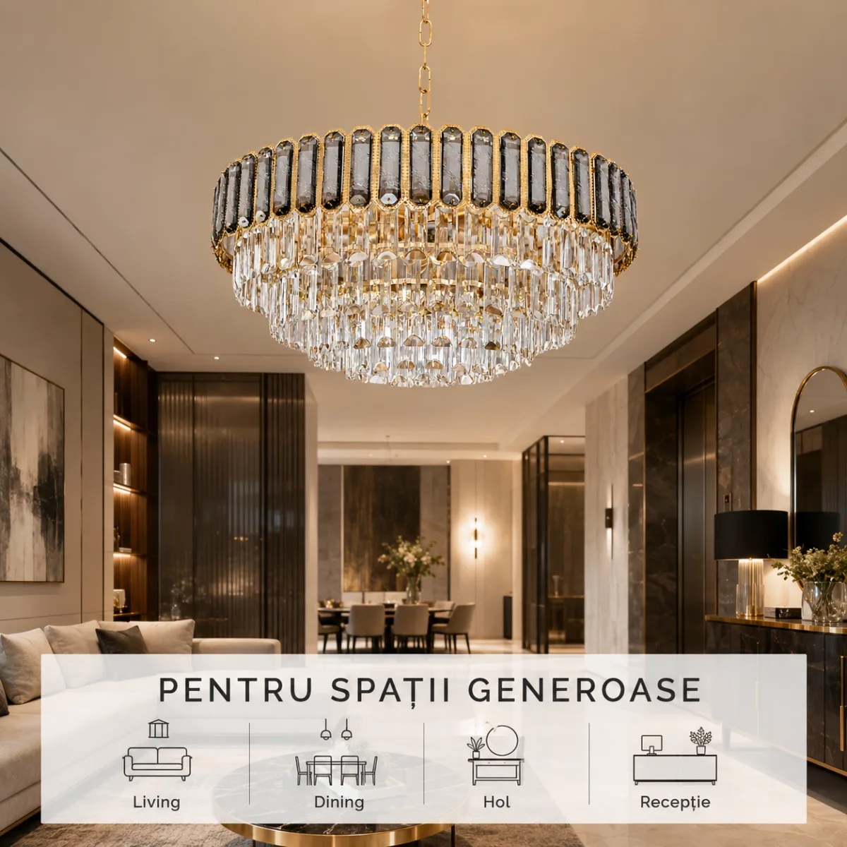 Candelabru Royal Gold Smoke 60 cm – Cristal K9 Fumuriu și Metal Auriu,10 Becuri E27, pentru Living și Dormitor - imagine 7