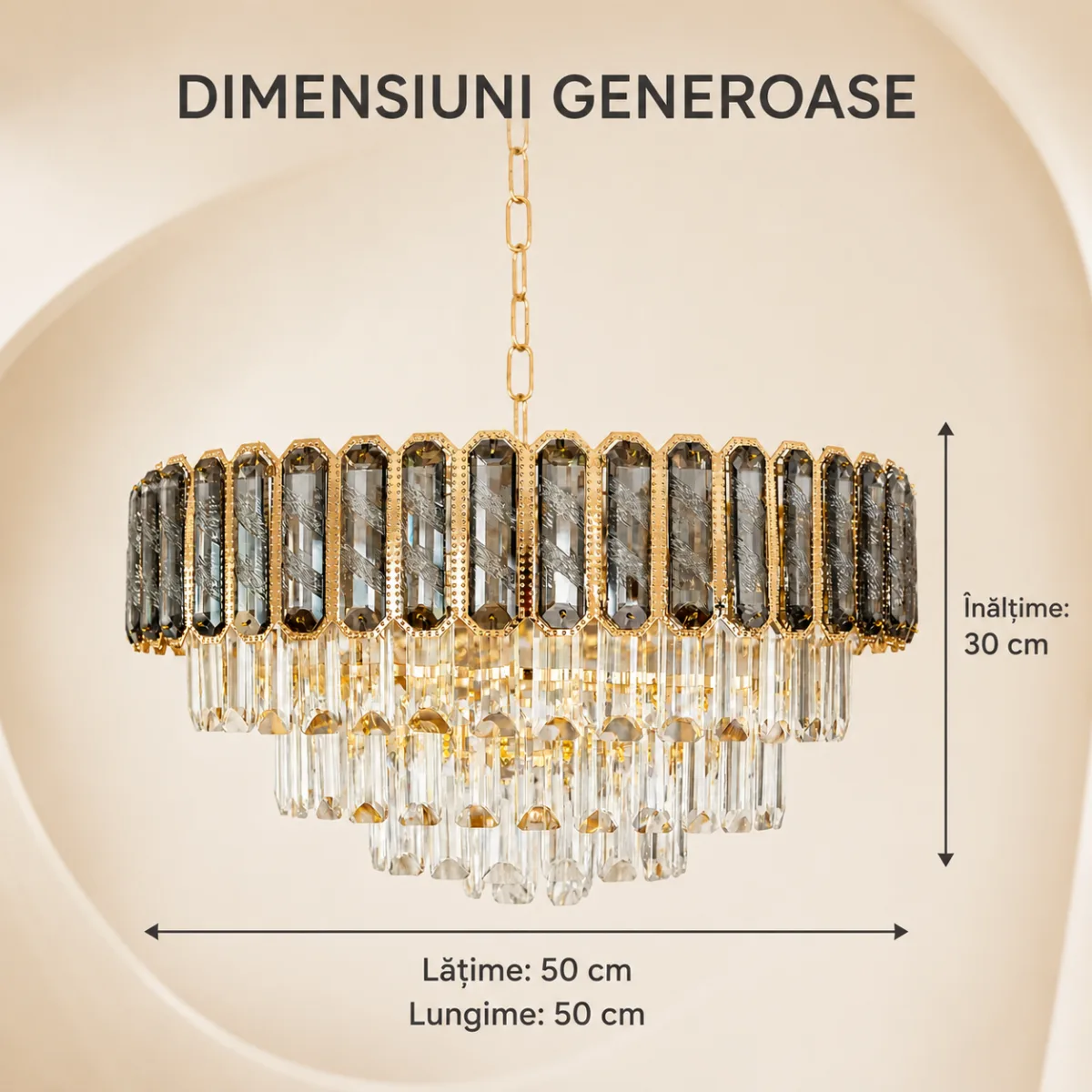 Candelabru Royal Gold Smoke 50 cm – Cristal K9 Fumuriu și Metal Auriu, 8 Becuri E27, pentru Living și Dormitor - imagine 5