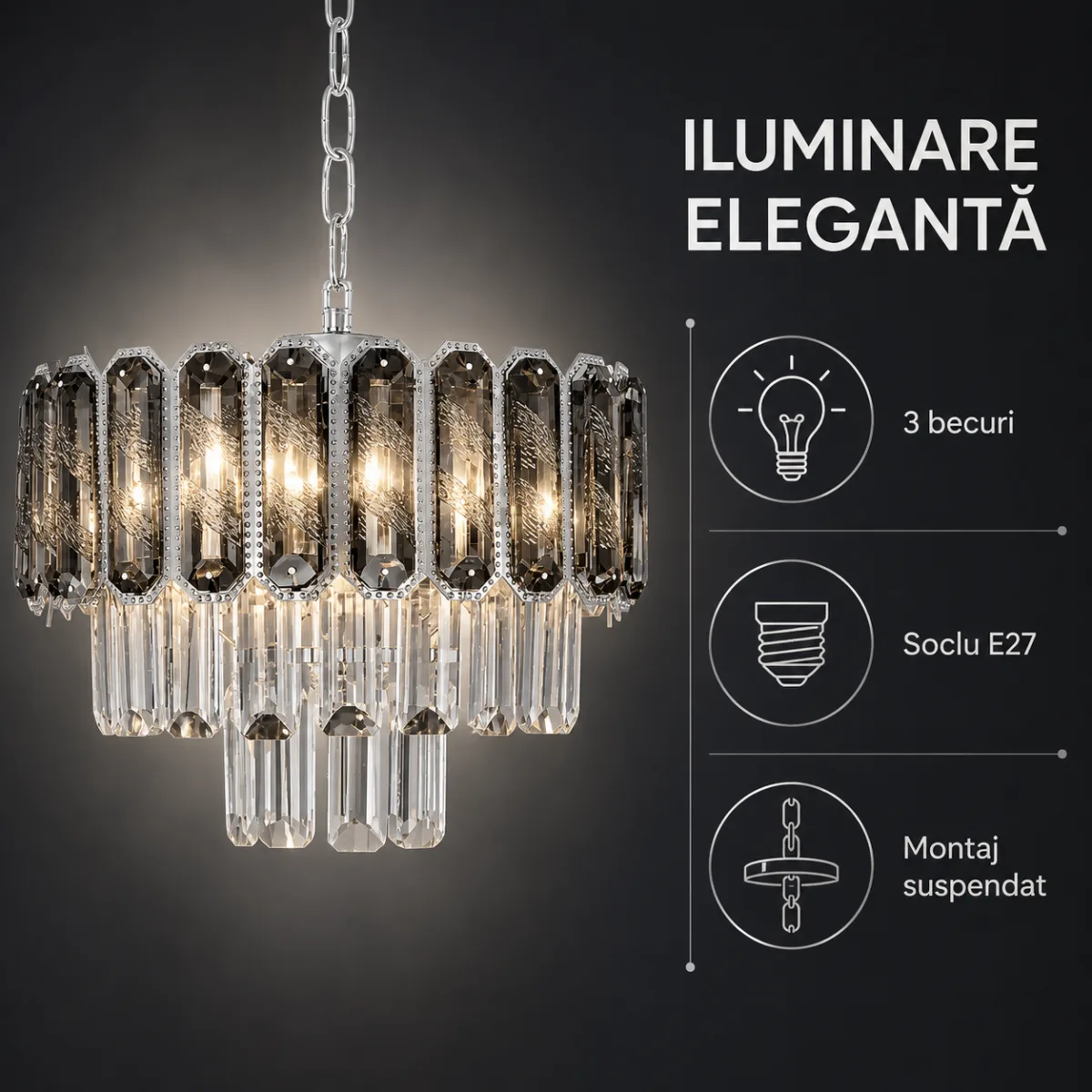Candelabru Luxury Cristal Fumuriu 30 cm – Cristal K9 Premium și Metal Argintiu, 3 Becuri E27, Design Modern pentru Hol, Living și Dormitor - imagine 4