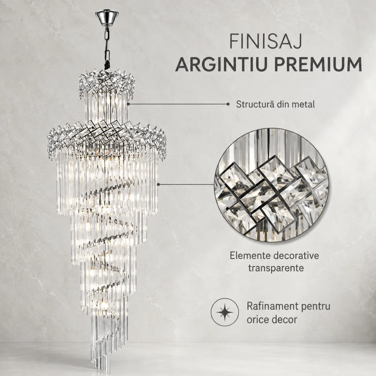 Candelabru Cristal Diamond Spiral 60×180 cm – 18 Becuri E27, Structură Cromată și Design în Cascadă - imagine 6