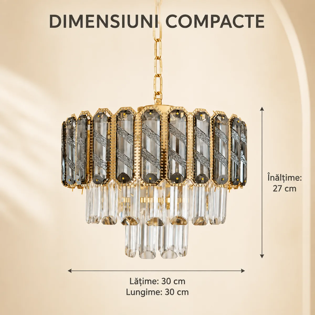 Candelabru Royal Gold Smoke 30 cm – Cristal K9 Fumuriu și Metal Auriu, 3 Becuri E27, pentru Living și Dormitor - imagine 4