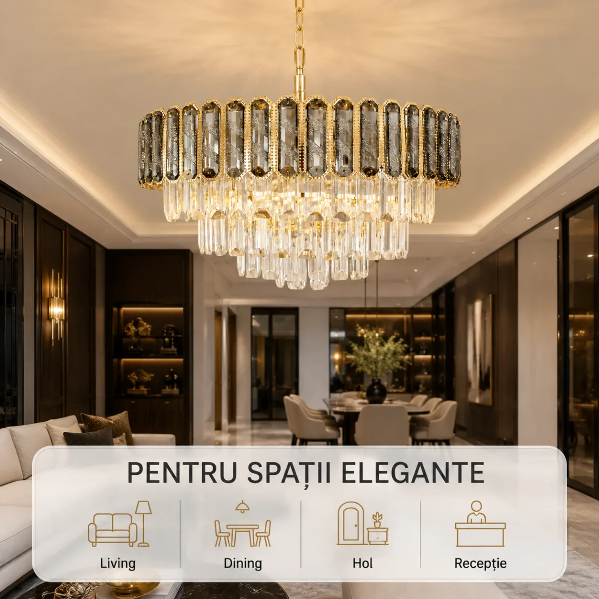 Candelabru Royal Gold Smoke 50 cm – Cristal K9 Fumuriu și Metal Auriu, 8 Becuri E27, pentru Living și Dormitor - imagine 7
