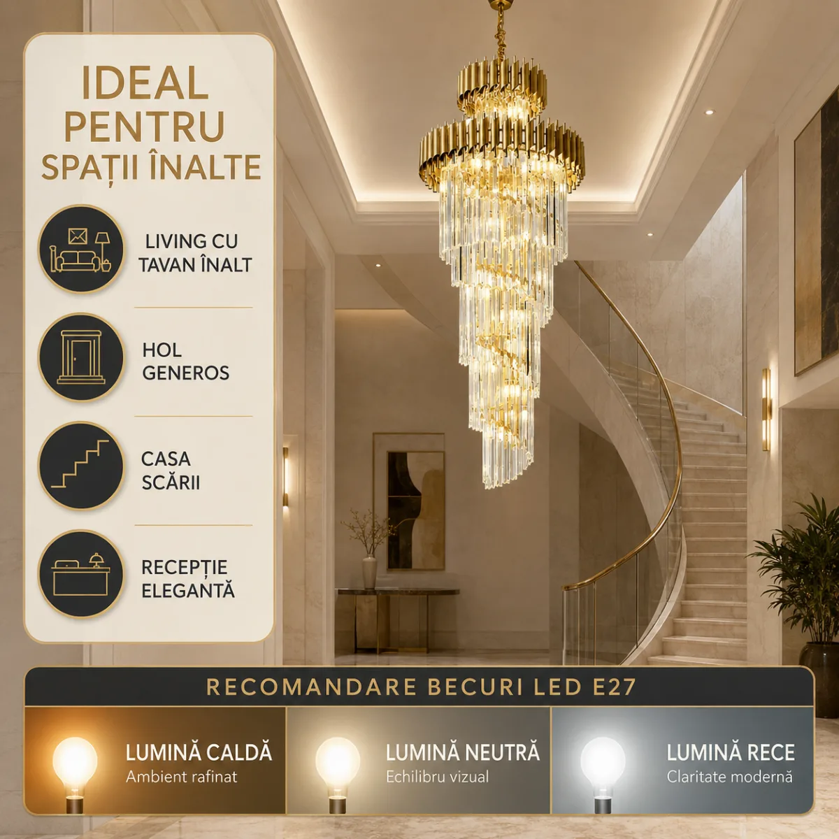 Candelabru Cristal Golden Majesty 60×180 cm – 18 Becuri E27, Design Etajat pentru Spații Impunătoare - imagine 7