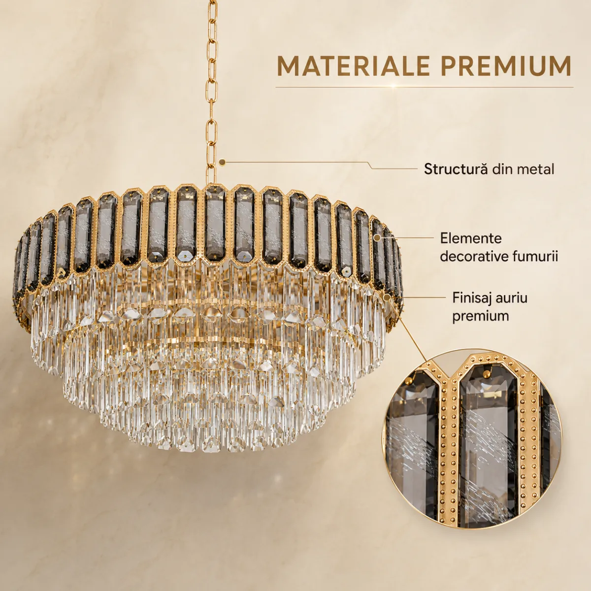 Candelabru Royal Gold Smoke 60 cm – Cristal K9 Fumuriu și Metal Auriu,10 Becuri E27, pentru Living și Dormitor - imagine 5