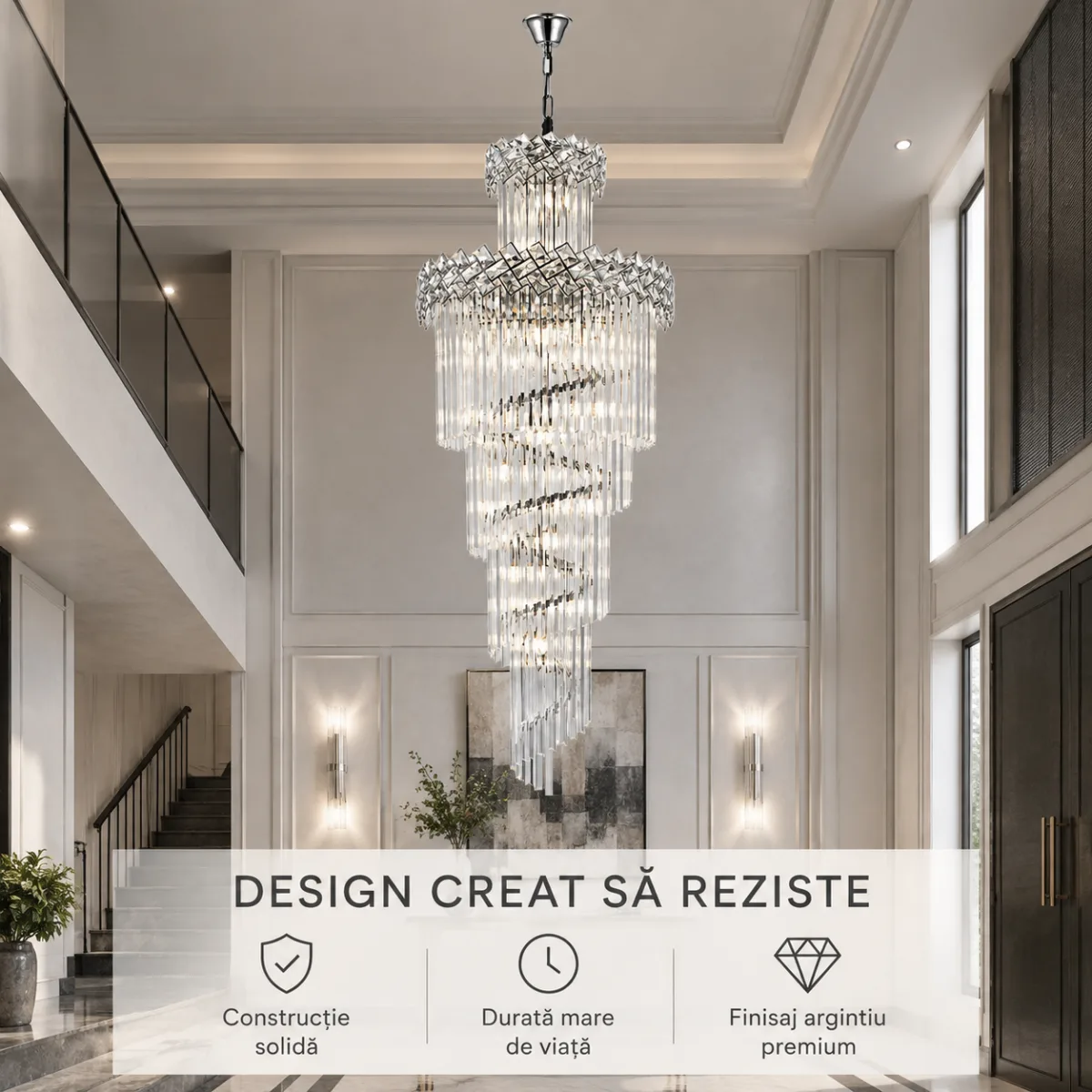 Candelabru Cristal Diamond Spiral 60×180 cm – 18 Becuri E27, Structură Cromată și Design în Cascadă - imagine 5