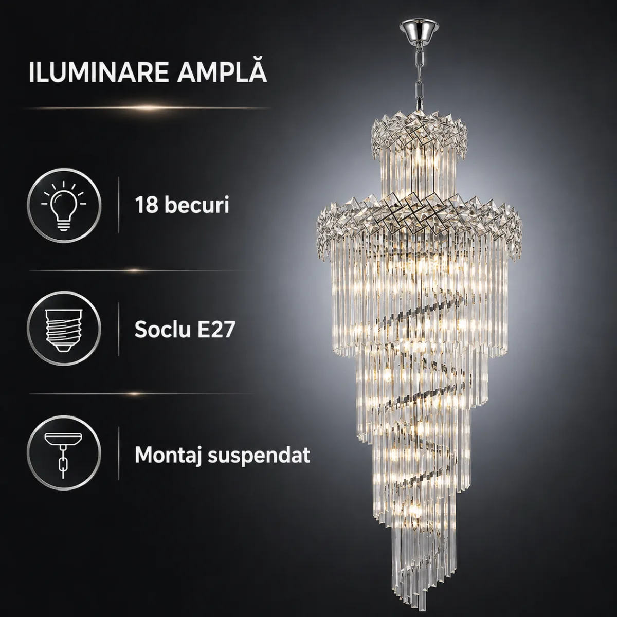 Candelabru Cristal Diamond Spiral 60×180 cm – 18 Becuri E27, Structură Cromată și Design în Cascadă - imagine 4