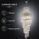 Candelabru Cristal Diamond Spiral 60×180 cm – 18 Becuri E27, Structură Cromată și Design în Cascadă - imagine 4